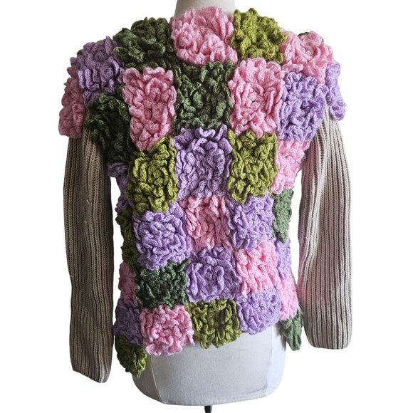 Handmade Beige Open-Front Knit Cardigan Upcycled With Floral Crochet Accents - Picture 14 of 14